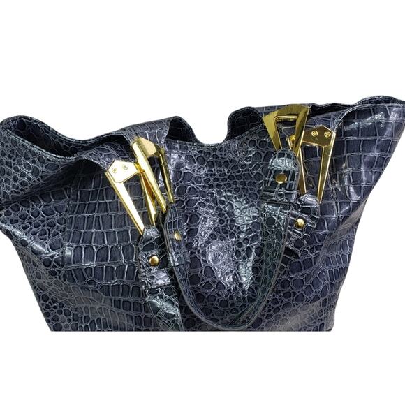 Braciano Gray Patent Croc-Embossed Tote Bag Gold Hardware | Large Glam Carryall - Picture 9 of 13